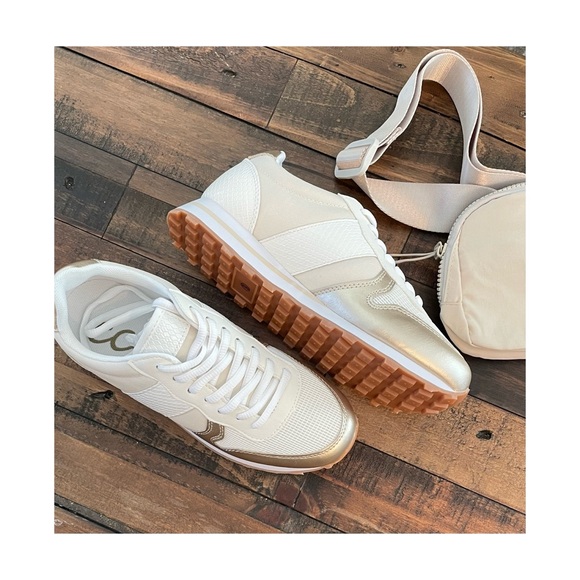 Monochromatic Metallic Champagne Retro Runner Sneakers - Picture 3 of 12